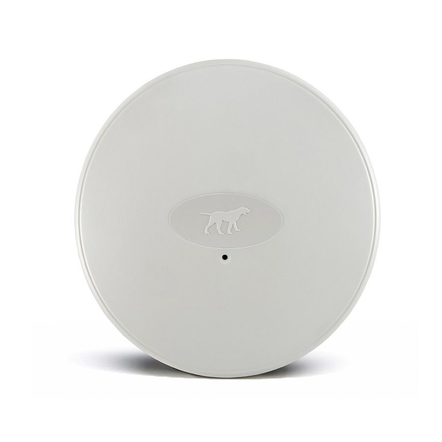 A white circle with a dog on it on a white background.