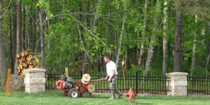 A person in a white shirt operates a red wood splitter on a grassy lawn in front of trees and a black metal fence.