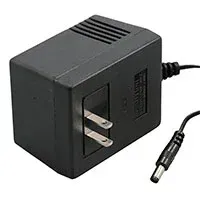 A black AC power adapter with a two-prong wall plug and a barrel-style output connector.