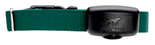 A green dog collar with a black device attached to it.