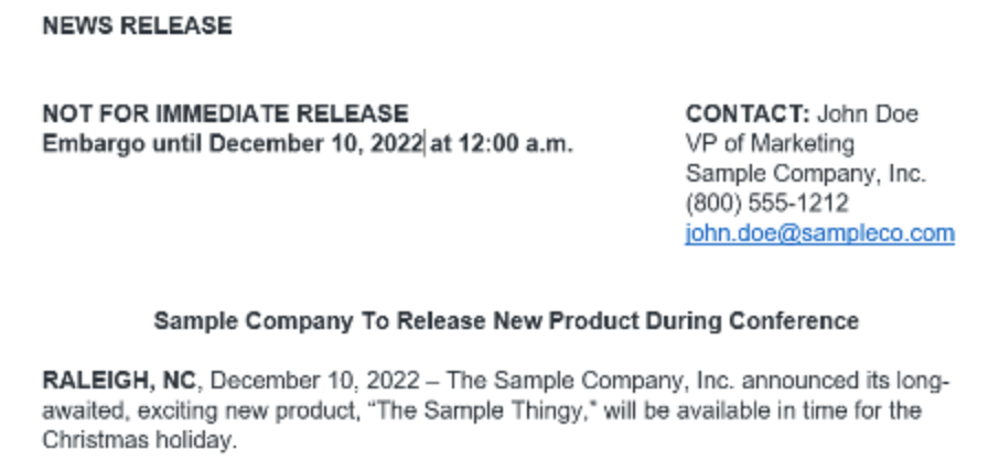 A news release from sample company to release new product during conference