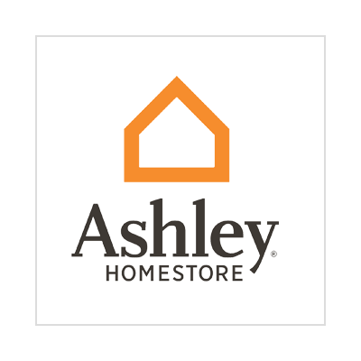 A logo for ashley homestore with an orange house in the middle.