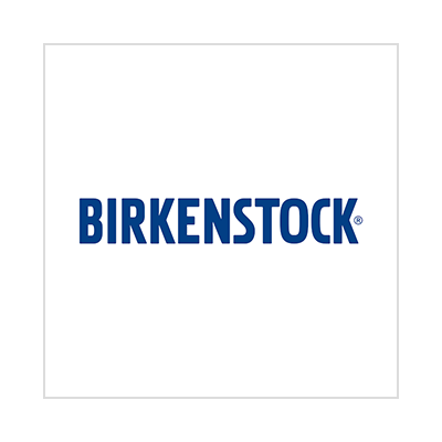 The birkenstock logo is blue and white on a white background.