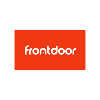 A red and white logo for frontdoor on a white background.