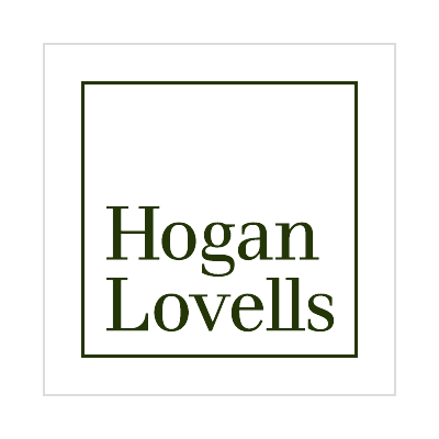The logo for hogan lovells is a square with green letters on a white background.