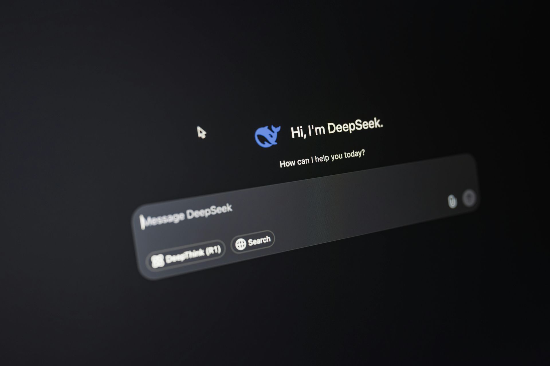 The DeepSeek AI chat interface on a dark screen, featuring a logo, greeting, and a message input box.