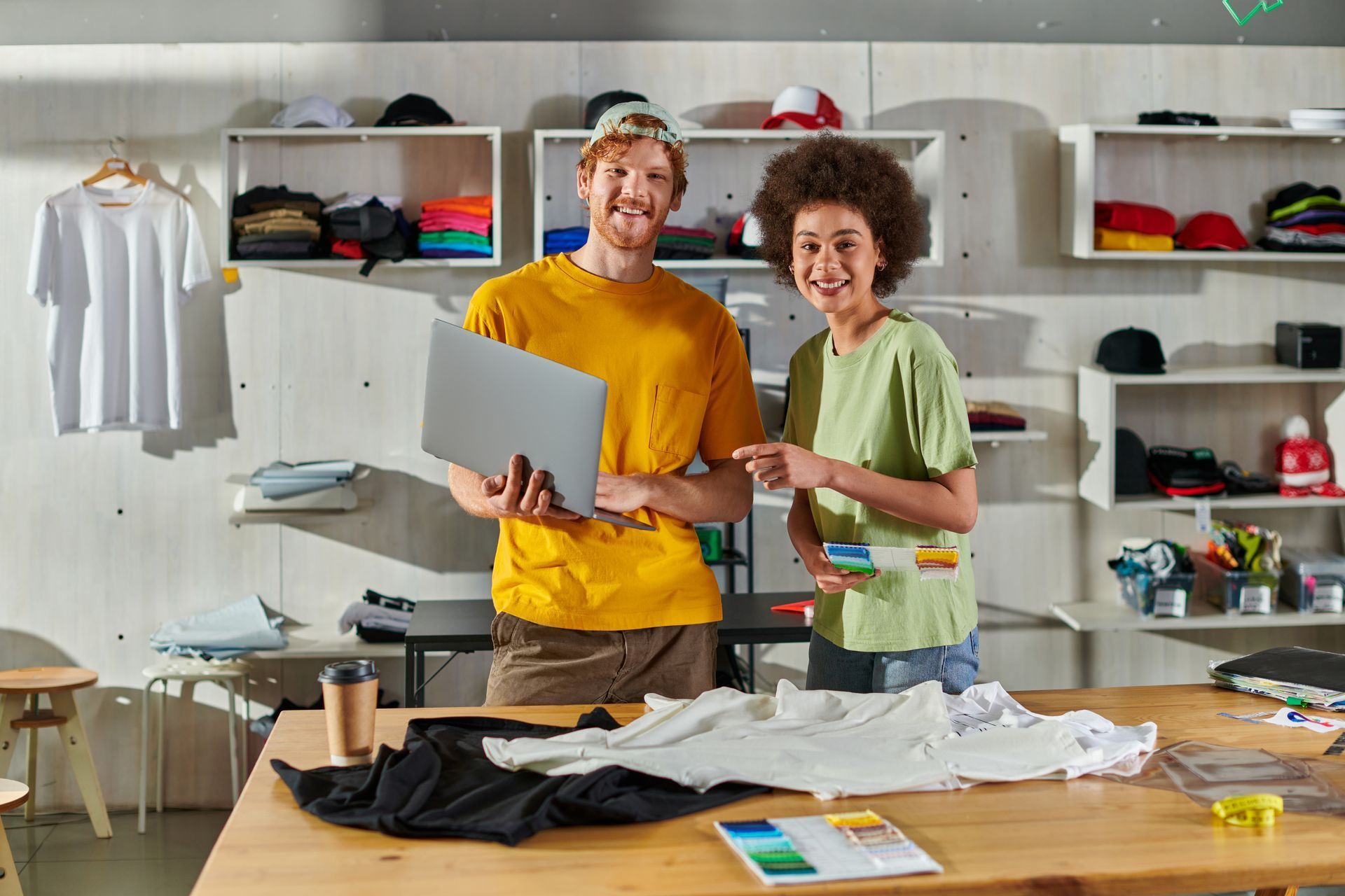 A man and a woman are standing next to each other in a room holding a laptop.