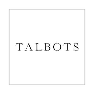 A black and white logo for talbots on a white background.