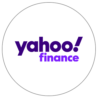 The yahoo finance logo is in a purple circle on a white background.