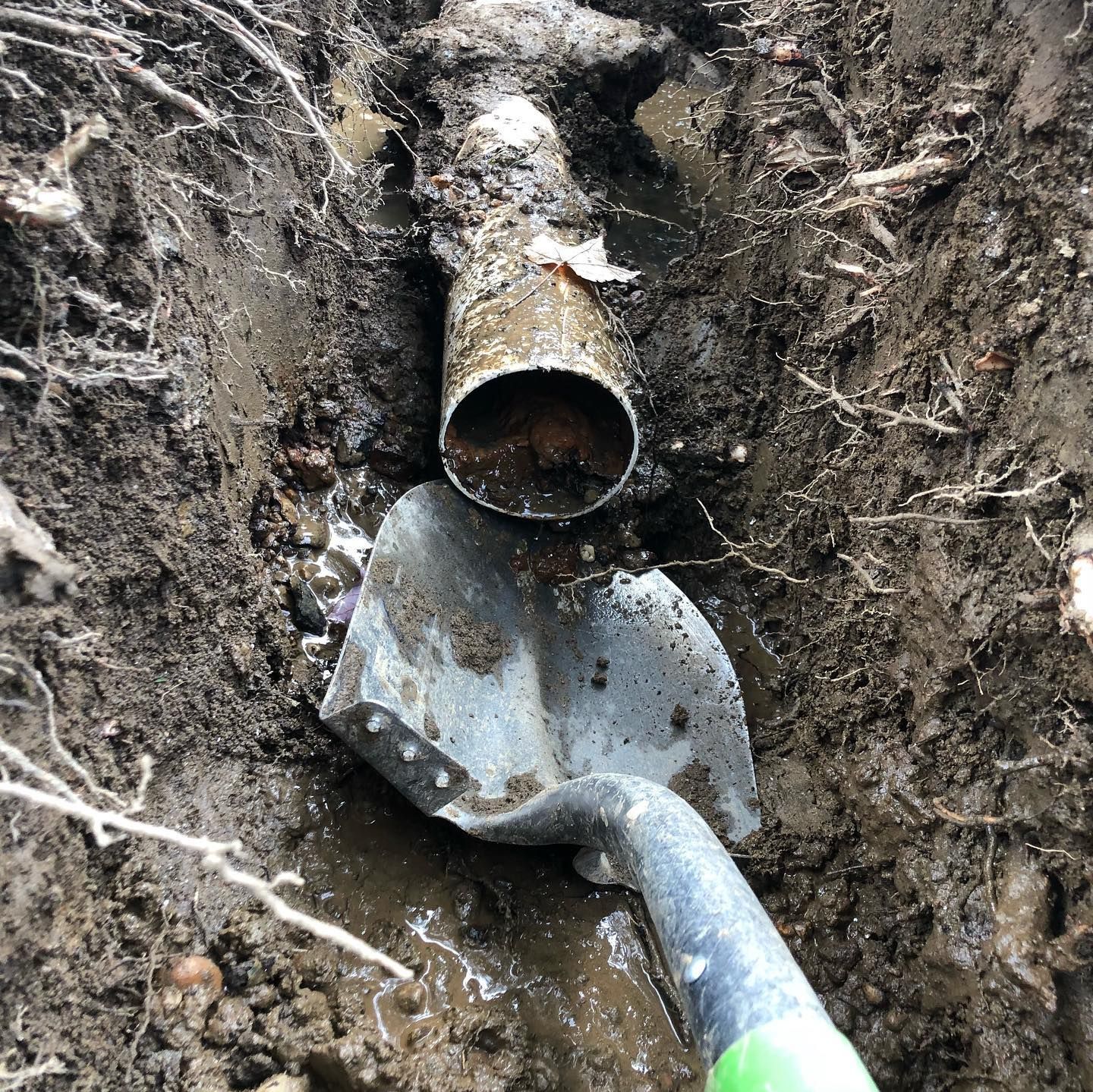 A shovel rests in a muddy trench beneath an exposed, open pipe segment buried in the dirt.