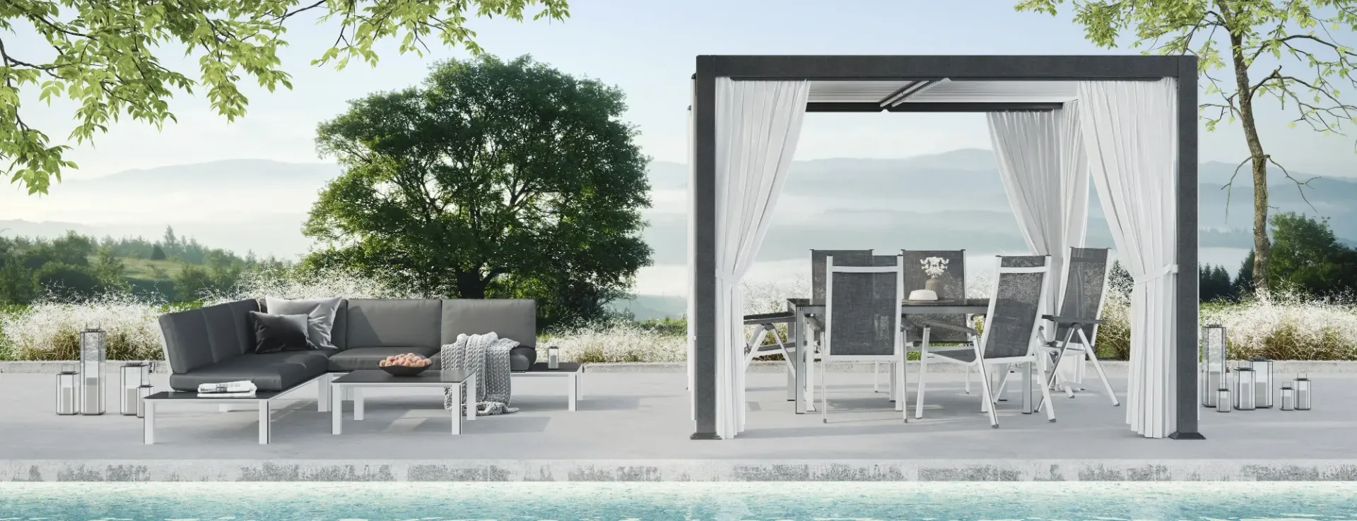 3D Rendering Gartenmöbel am Pool – extrasicht