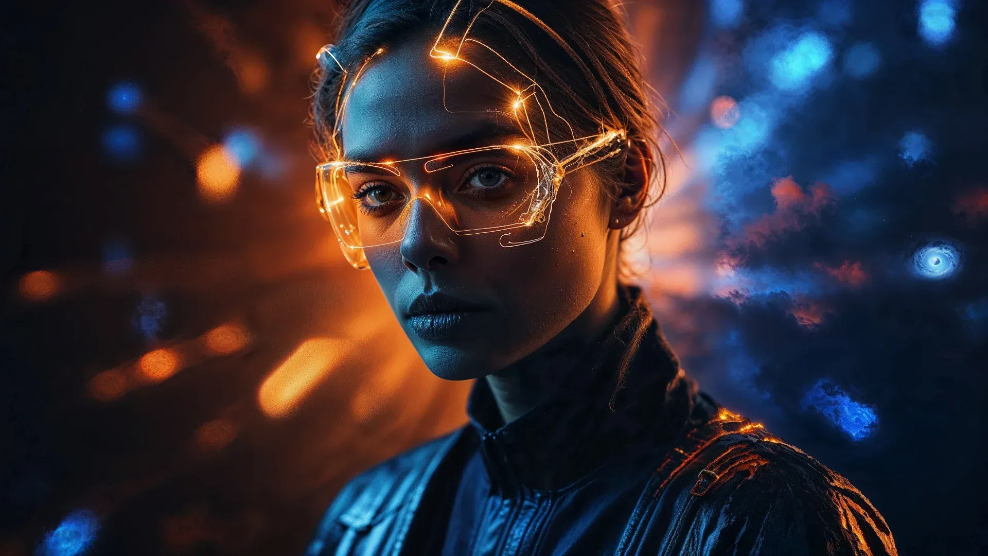 Porträt Frau mit leuchtender Brille – extrasicht KI-Design