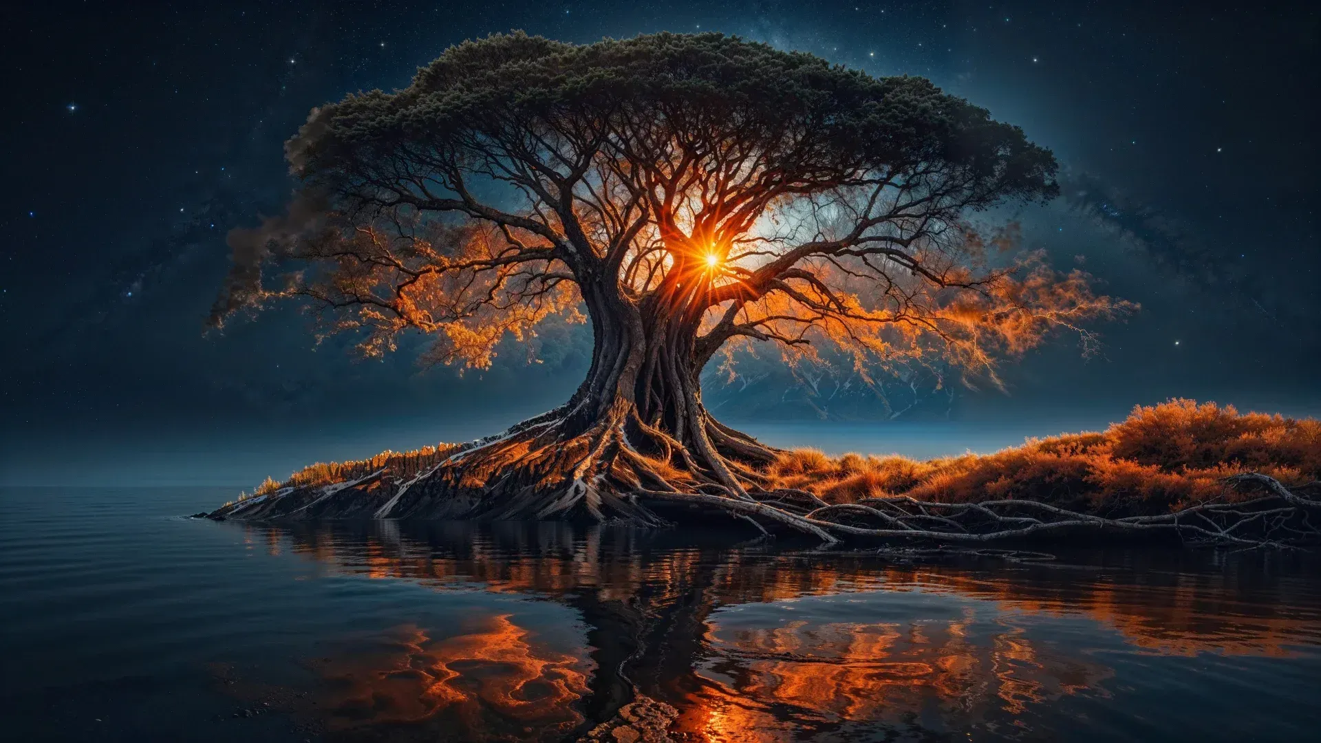 Leuchtender Baum auf Wasser – extrasicht Fantasie Grafik