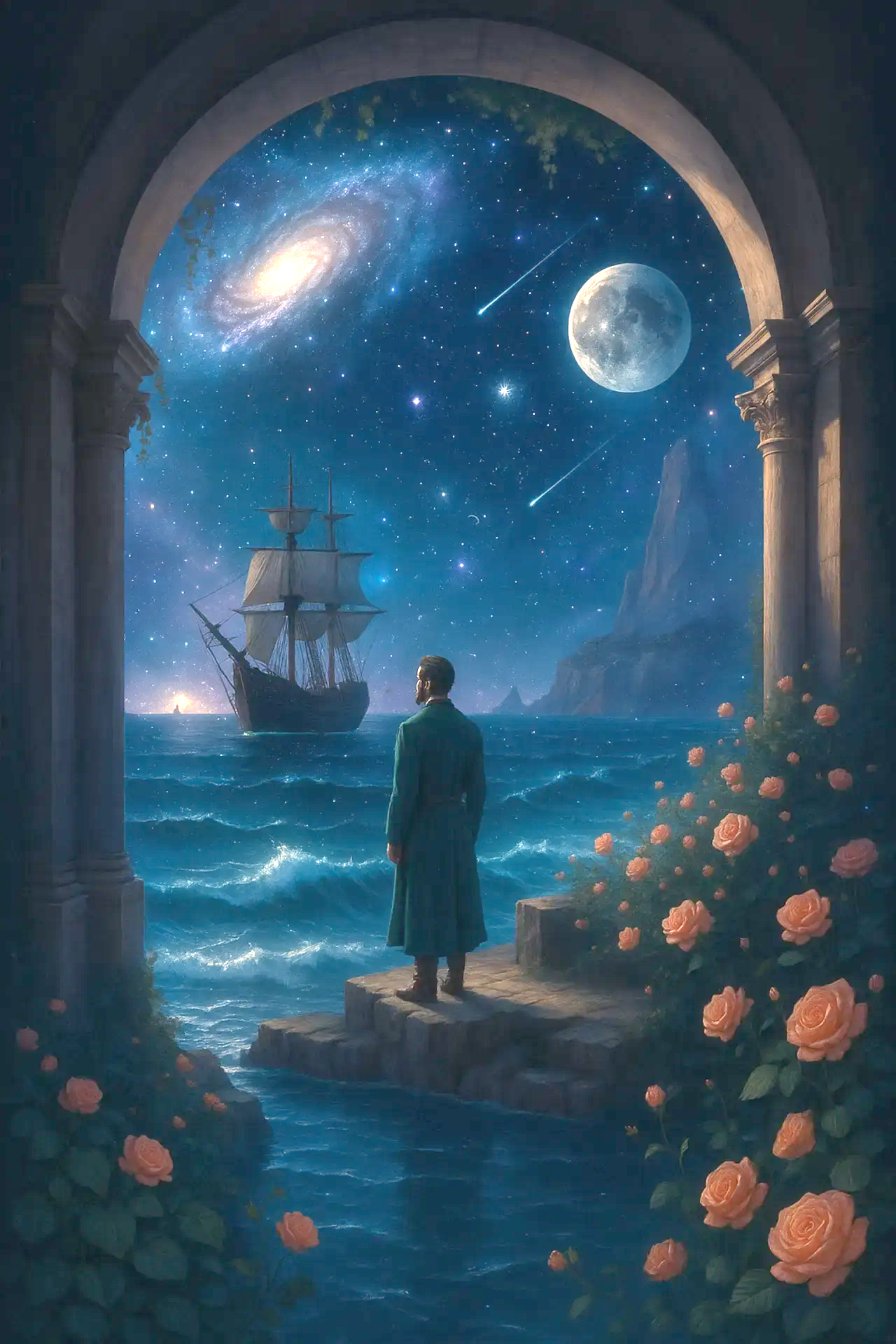 Kosmisches Tor mit Mond und Galaxie – Lichtgeschichten