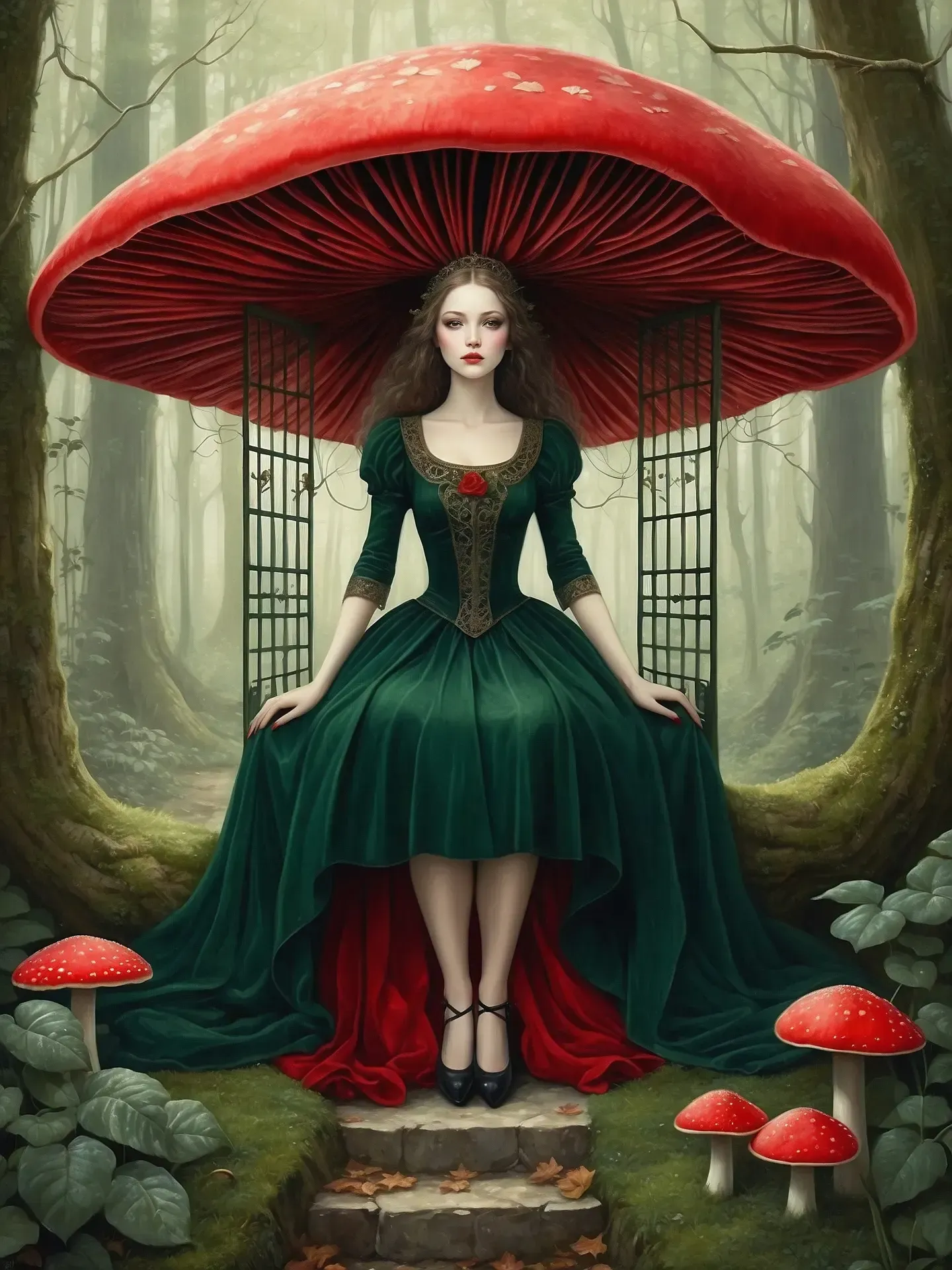 Frau mit rotem Pilzhut – Lichtgeschichten