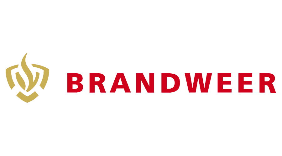 Het brandweerlogo is rood en goud op een witte achtergrond.