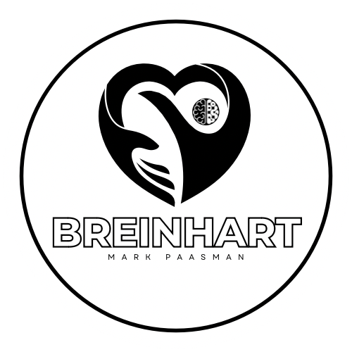 Rond zwart logo met een gestileerd hartje-handen-icoon en de tekst 