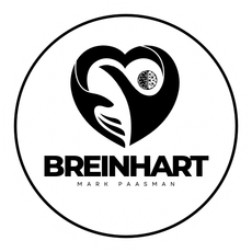 Zwart rond logo met een gestileerd hart en hand boven het woord 