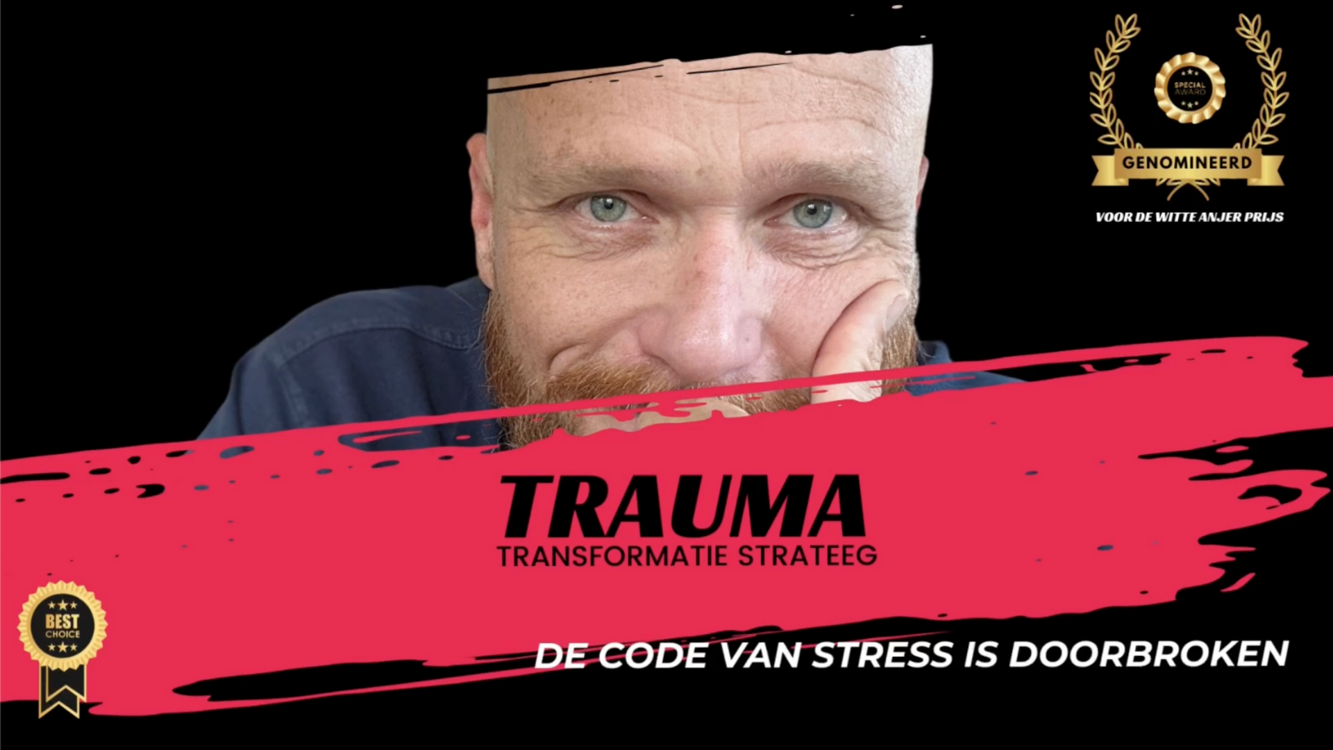 Een man met een baard staat op een poster met de tekst trauma