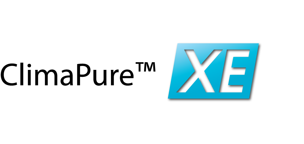 Un logo bleu et blanc pour climapure xe sur fond blanc