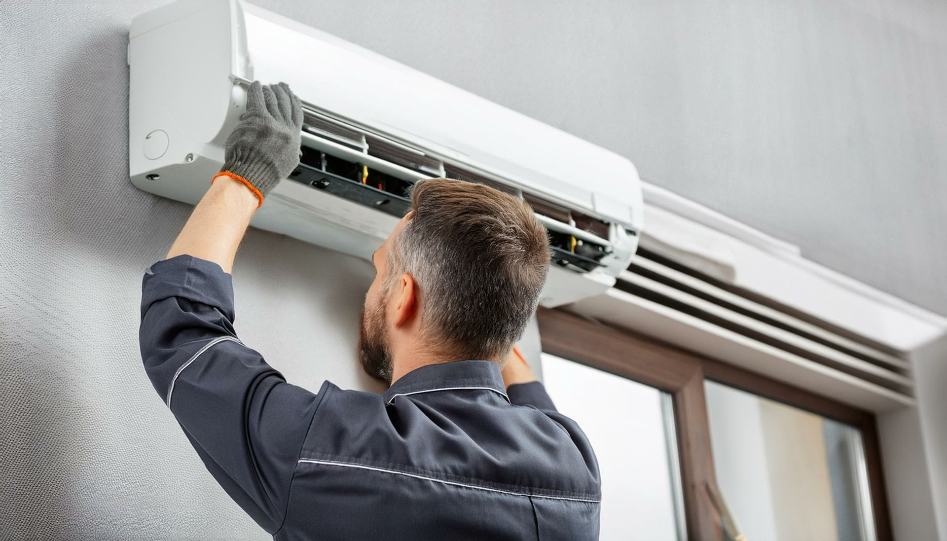 Un homme installe un climatiseur sur un mur.