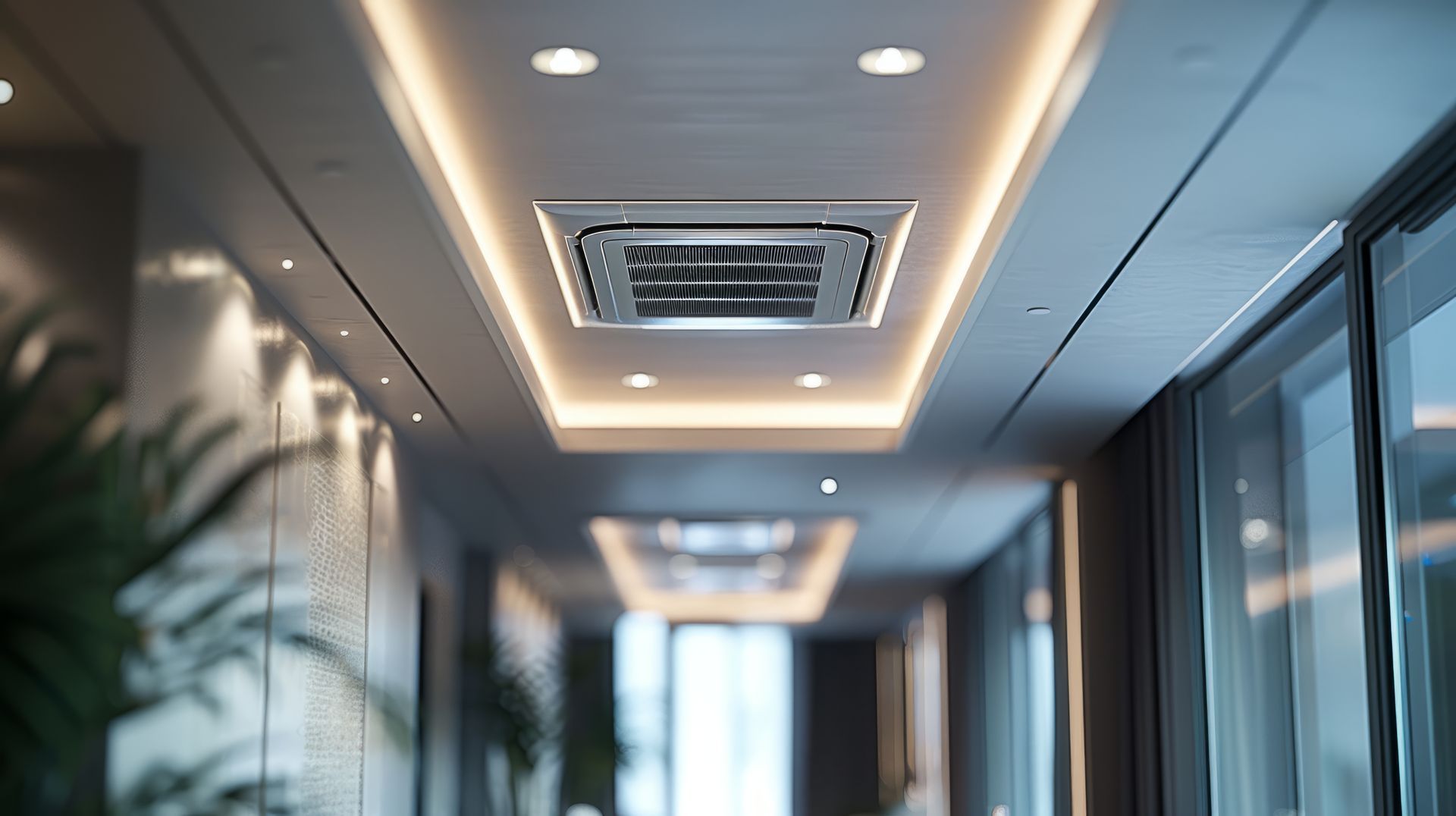 Un long couloir avec un ventilateur de plafond au milieu.