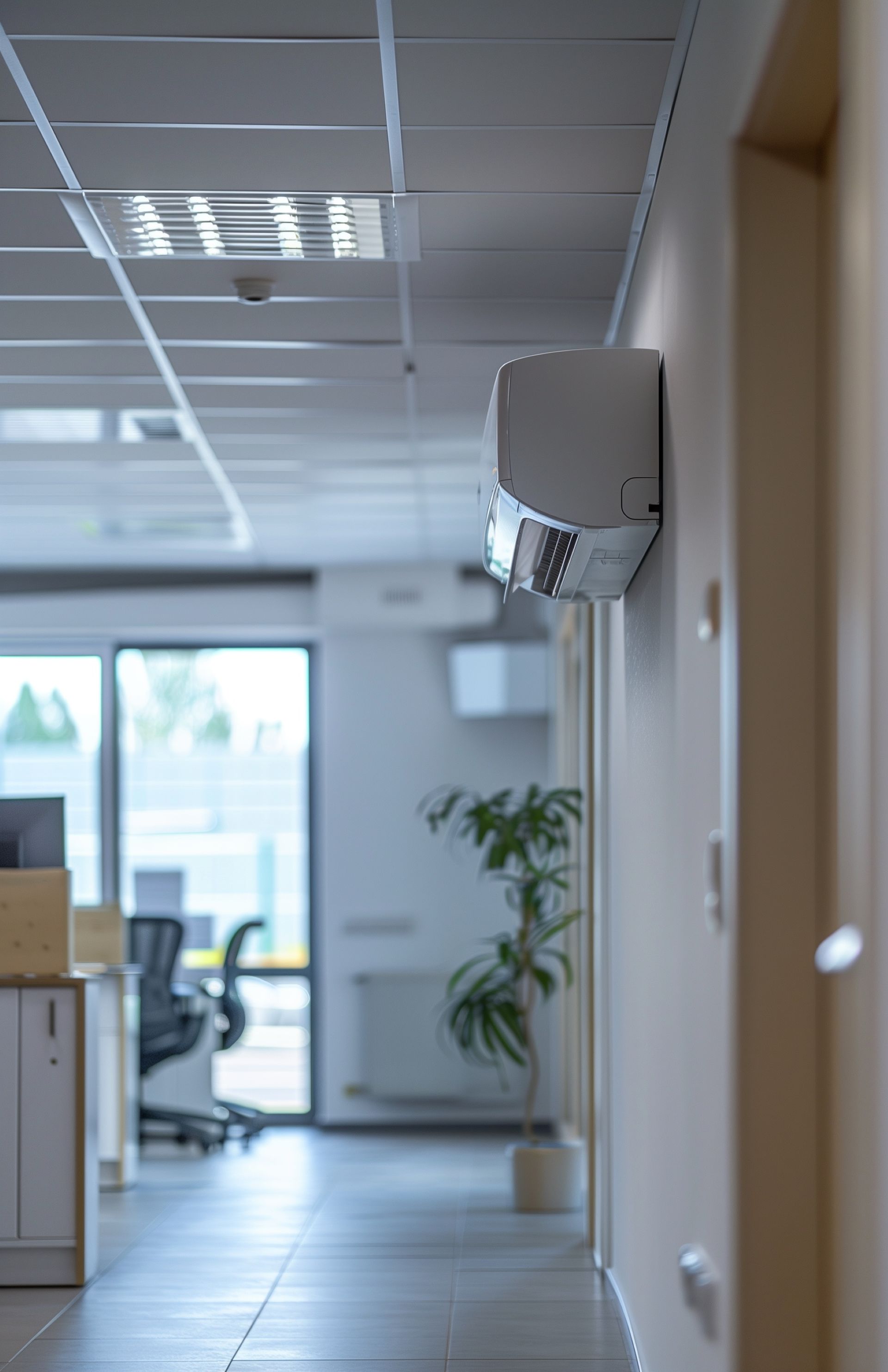 Il y a un sèche-mains accroché au mur dans le couloir d'un bureau.