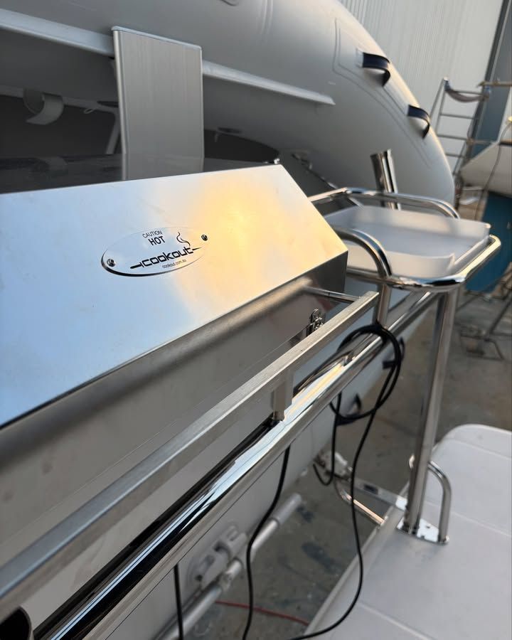 Stainless Steel Marine Grill With Food Prep Surface, Mounted on a Boat — Master Metals Fabrication in Labrador, QLD