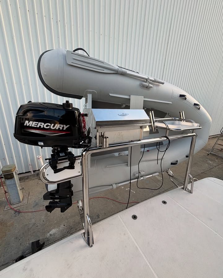 Inflatable Boat With Mercury Motor Mounted on a Stainless Steel Frame — Master Metals Fabrication in Labrador, QLD