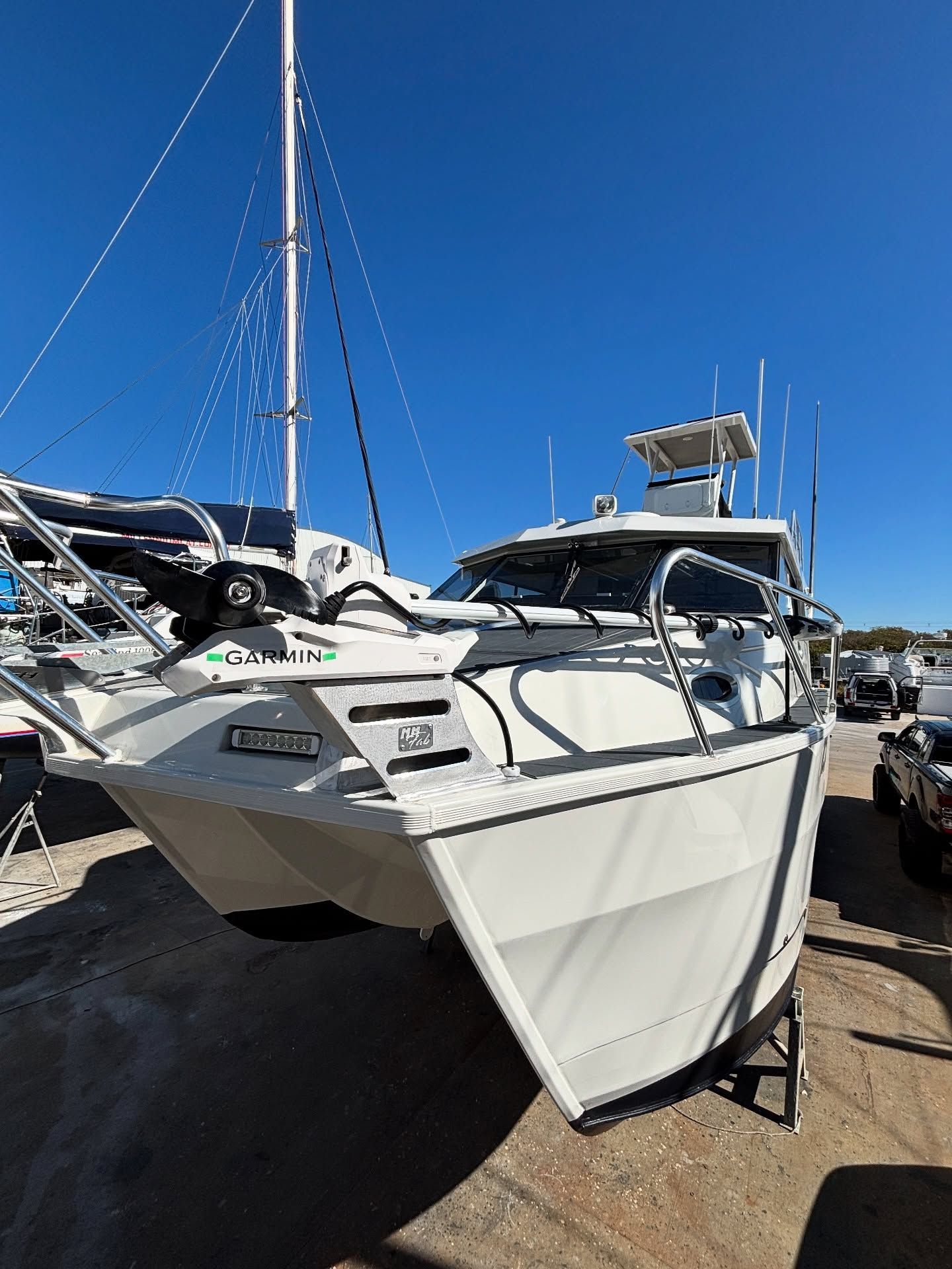 Gray Catamaran Boat on Land, Sunny Day — Master Metals Fabrication in Labrador, QLD
