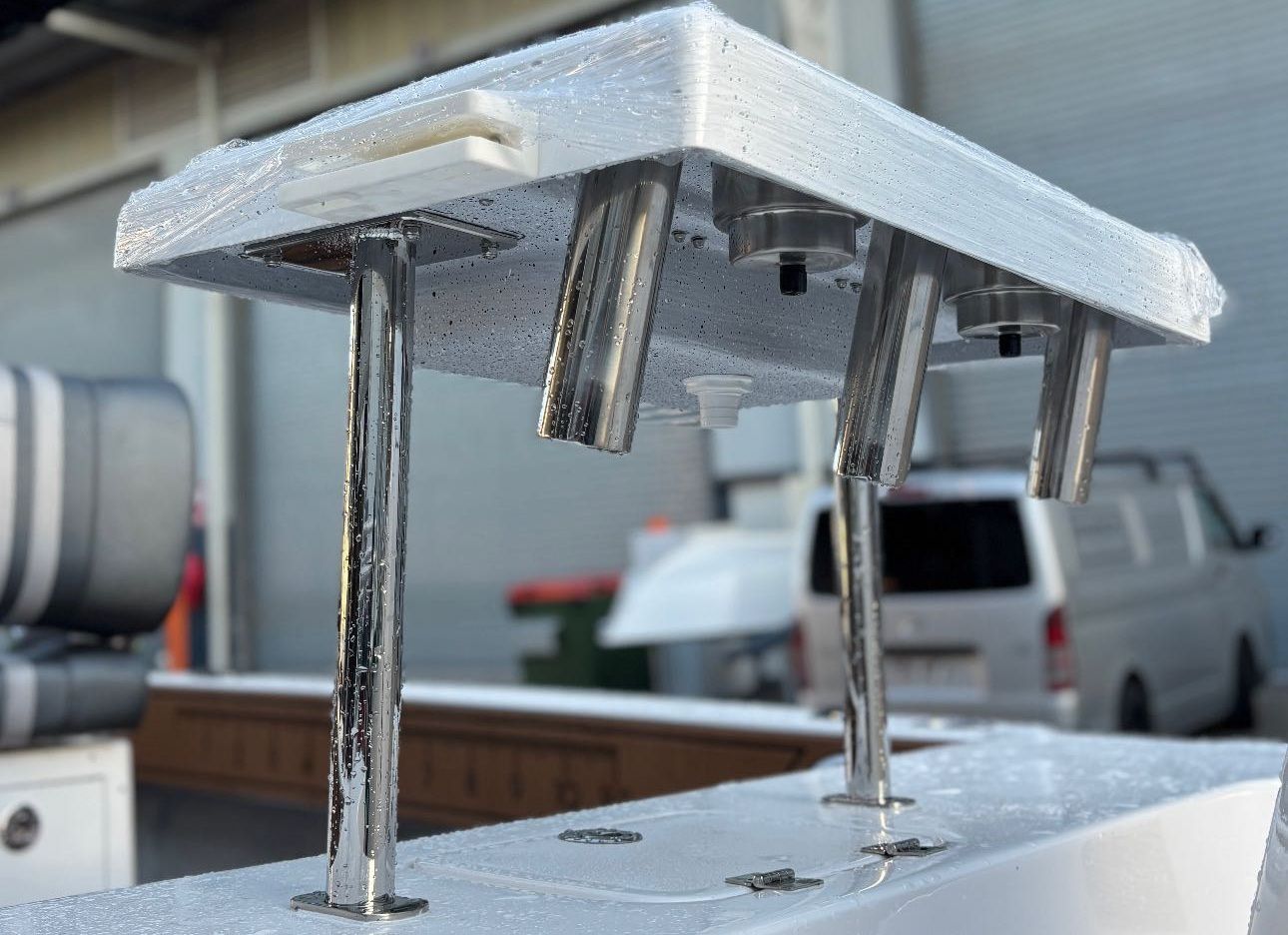 Boat T-top With Chrome Supports and Rod Holders — Master Metals Fabrication in Labrador, QLD