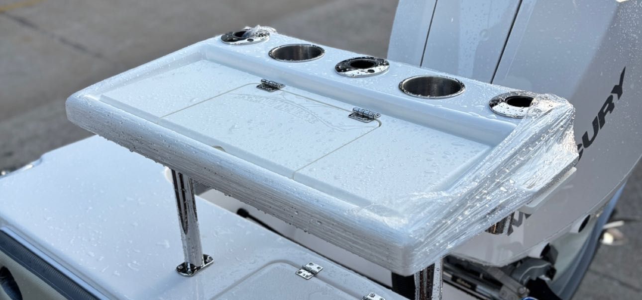 White Bait Board Table With Cup Holders and Storage Compartments — Master Metals Fabrication in Labrador, QLD