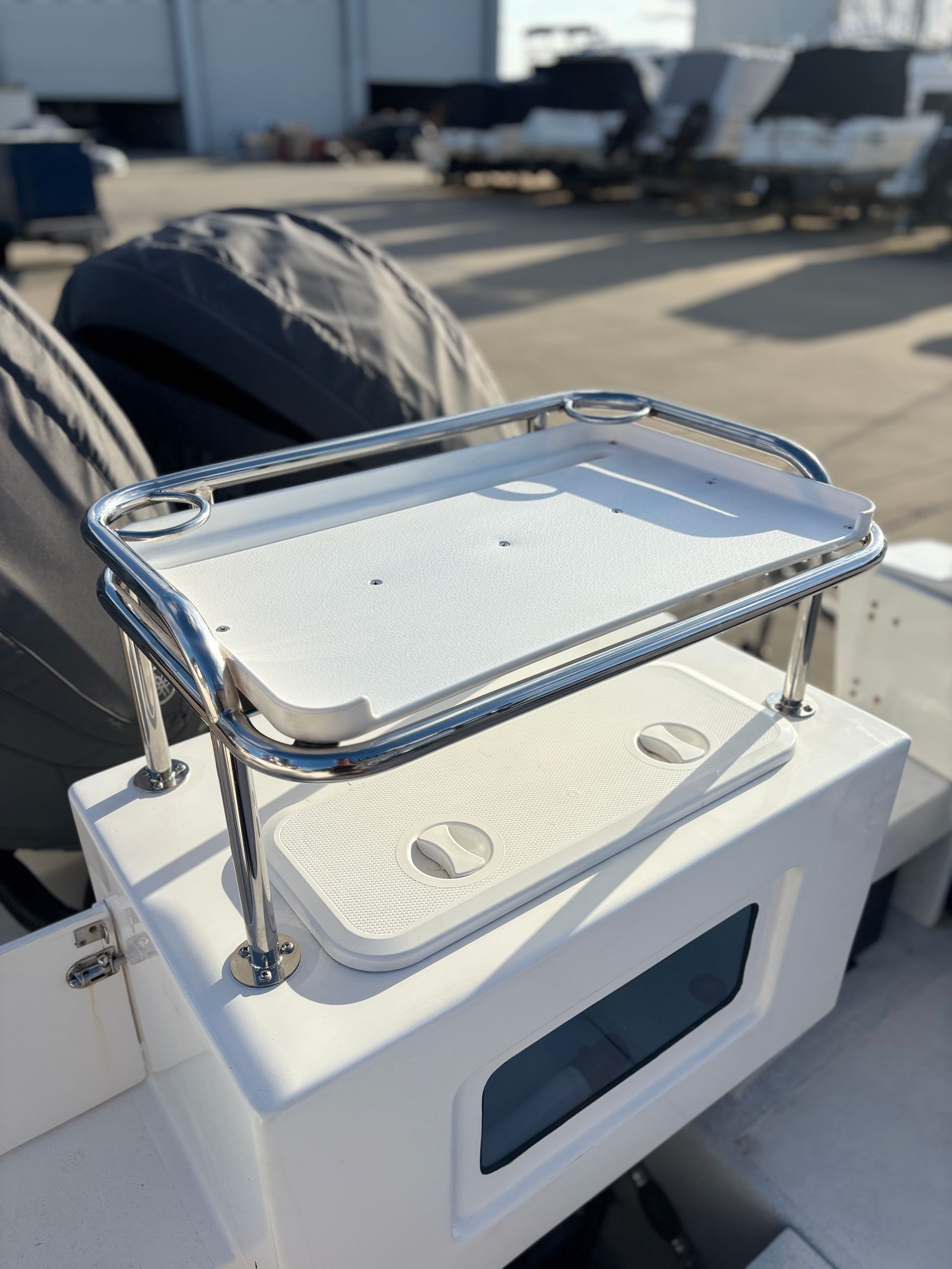 A White Boat With Bait Board With Metal Brackets — Master Metals Fabrication in Labrador, QLD