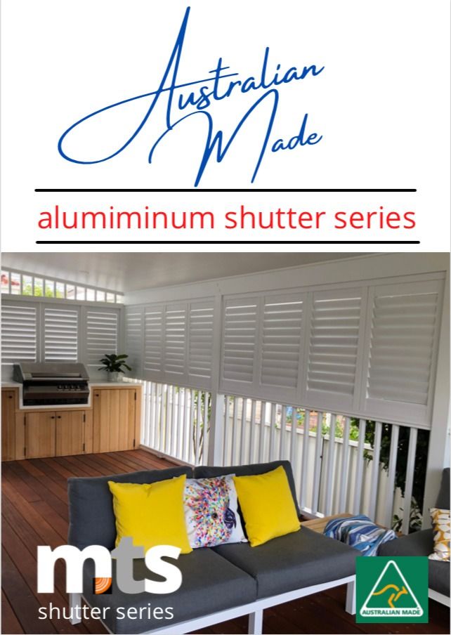 White Aluminum Shutters on a Deck, With Outdoor Seating and the Text Australian Made in Blue — My Timber Flooring Blinds & Shutters in Erina, NSW
