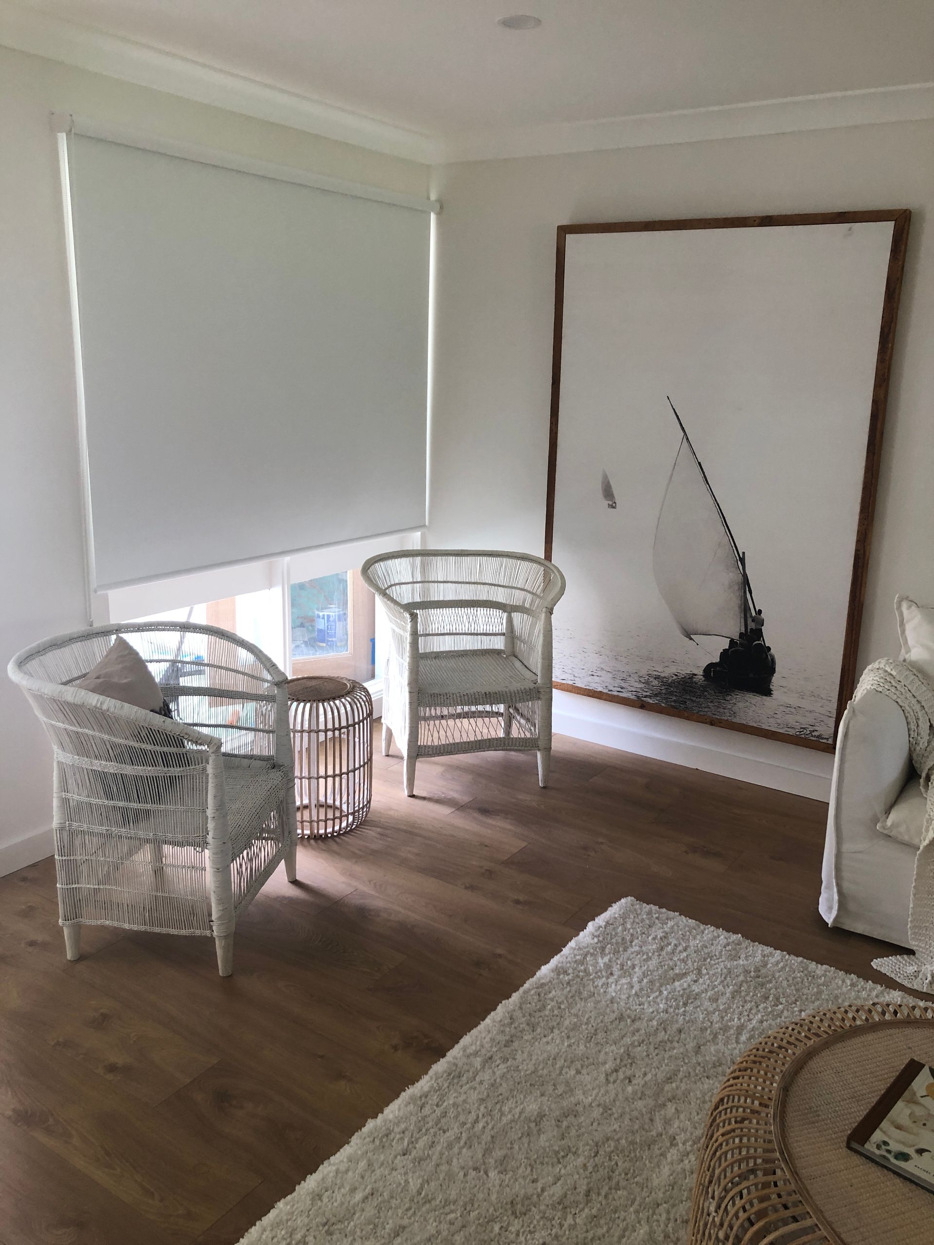 Bedroom With Bed, Window, and Closed Blinds. Gray Walls, White Trim, and a Bedside Lamp — My Timber Flooring Blinds & Shutters in Erina, NSW
