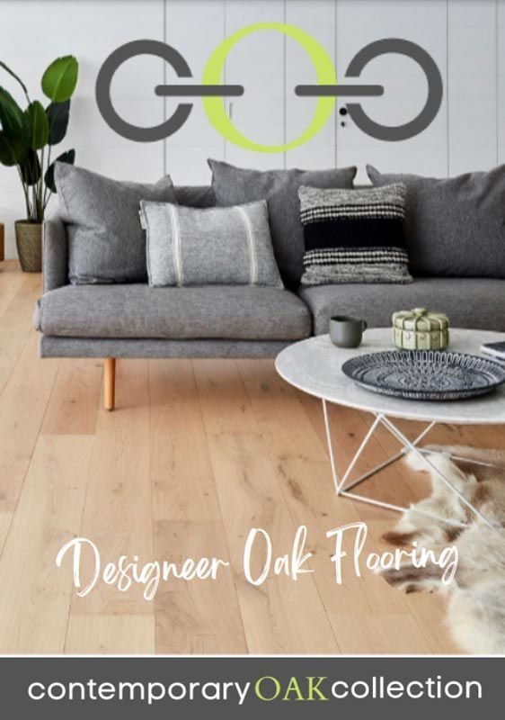 Living Room With Gray Couch, Light Oak Flooring — My Timber Flooring Blinds & Shutters in Erina, NSW
