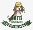 Beagle dog wearing hardhat, holding hammer, "BTB Construction" logo, "Licensed and Insured" banner.