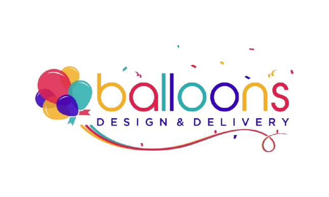 Logo with colorful balloons and text "balloons DESIGN & DELIVERY".