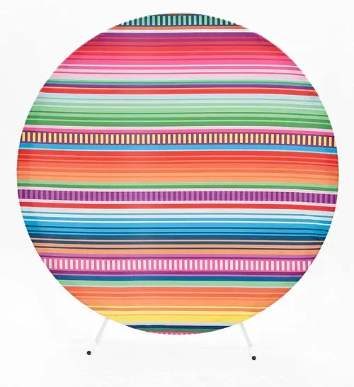 Round backdrop with colorful horizontal stripes, supported by a white stand.