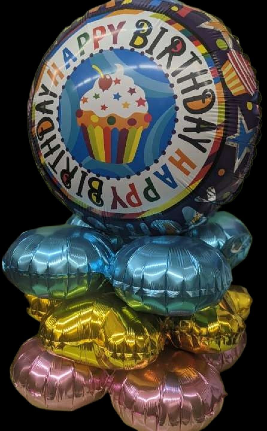 Birthday balloon bouquet with a cupcake design, featuring blue, gold, and pink balloons.