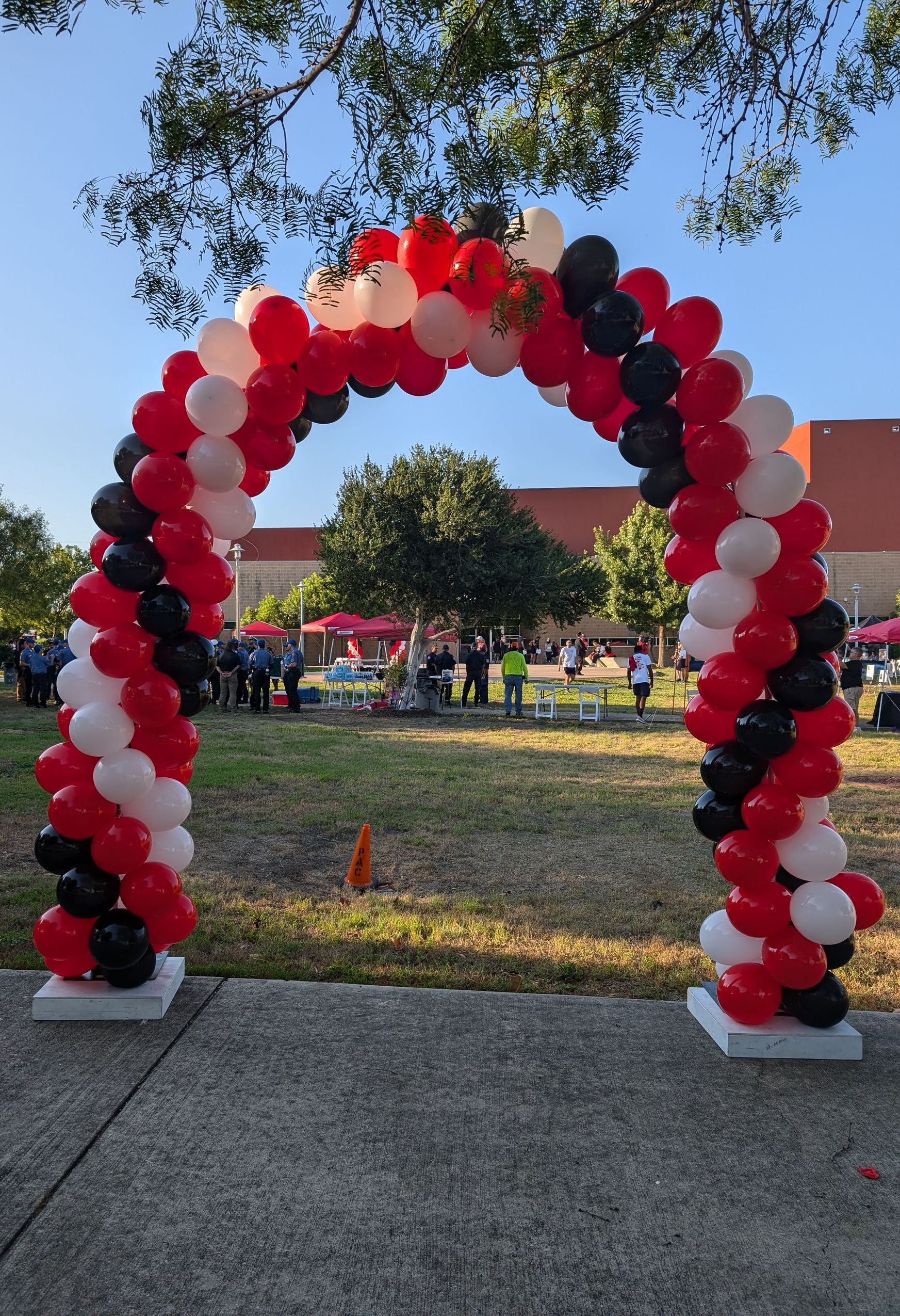 Balloon archway in red, white, and black over a grassy area, people in the background.
