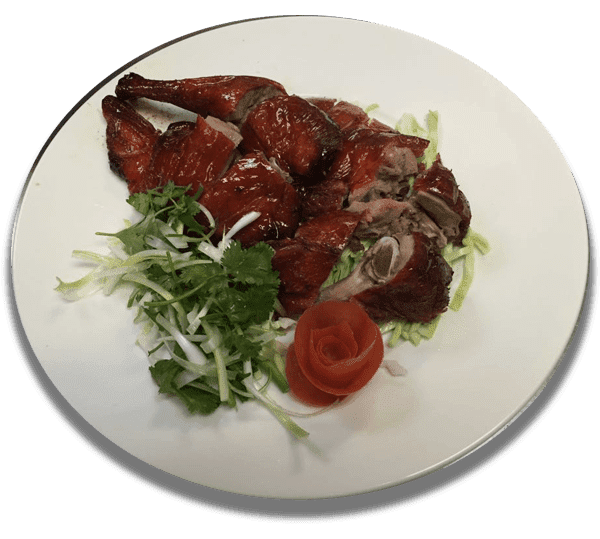 Un plato blanco cubierto con carne y verduras sobre un fondo blanco.