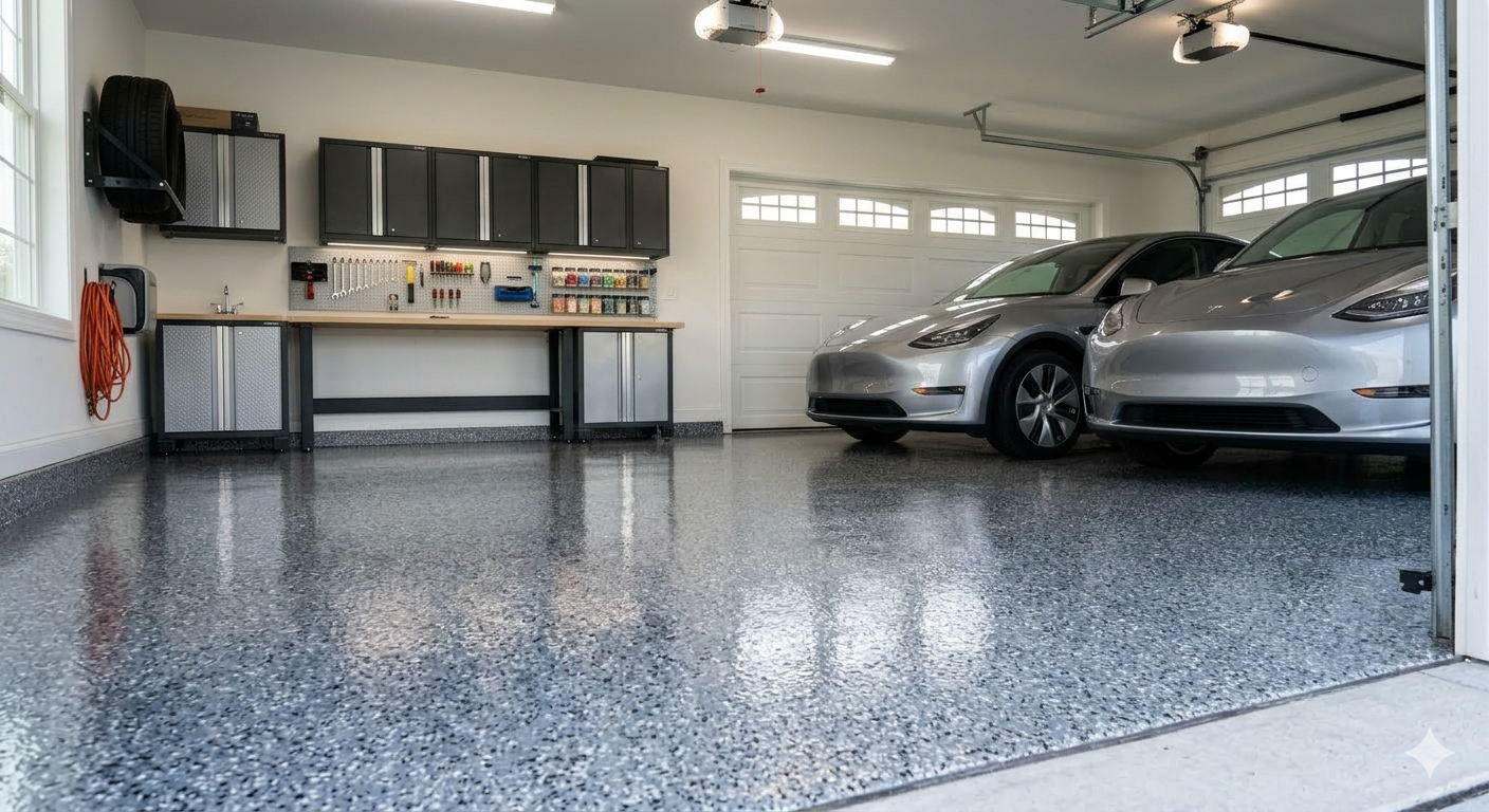 Grey decorative flake epoxy garage floor with white cabinets and cars.