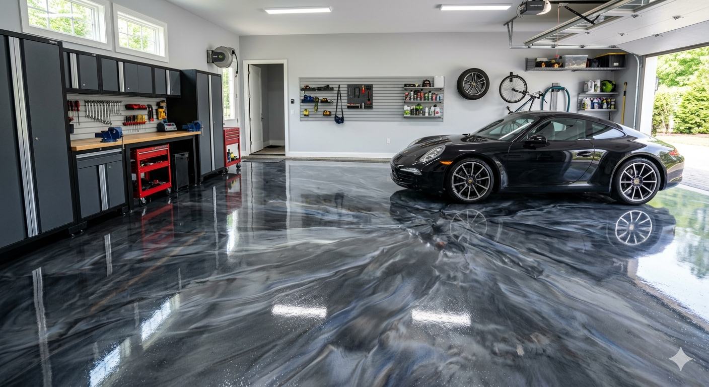 Black and silver metallic epoxy garage floor with a luxury sports car.
