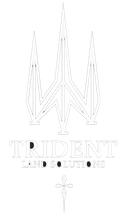 A thin-line drawing of a trident above the text "TRIDENT LAND SOLUTIONS" and a small cross-like symbol at the bottom.