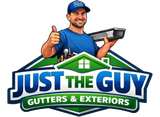 Logo of a gutter company: smiling worker in blue shirt and cap holding a gutter, with &ldquo;Just the Guy Gutters & Exteriors&rdquo; text