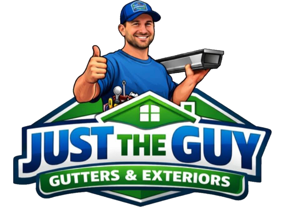 Logo of a gutter company: smiling worker in blue shirt and cap holding a gutter, with &ldquo;Just the Guy Gutters & Exteriors&rdquo; text