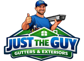 Logo of a gutter company: smiling worker in blue shirt and cap holding a gutter, with &ldquo;Just the Guy Gutters & Exteriors&rdquo; text