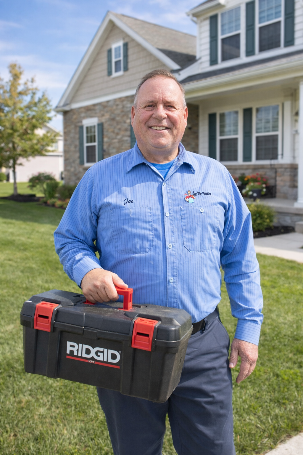 Joe the Plumber standing in front of residential home with plumbing tool box.