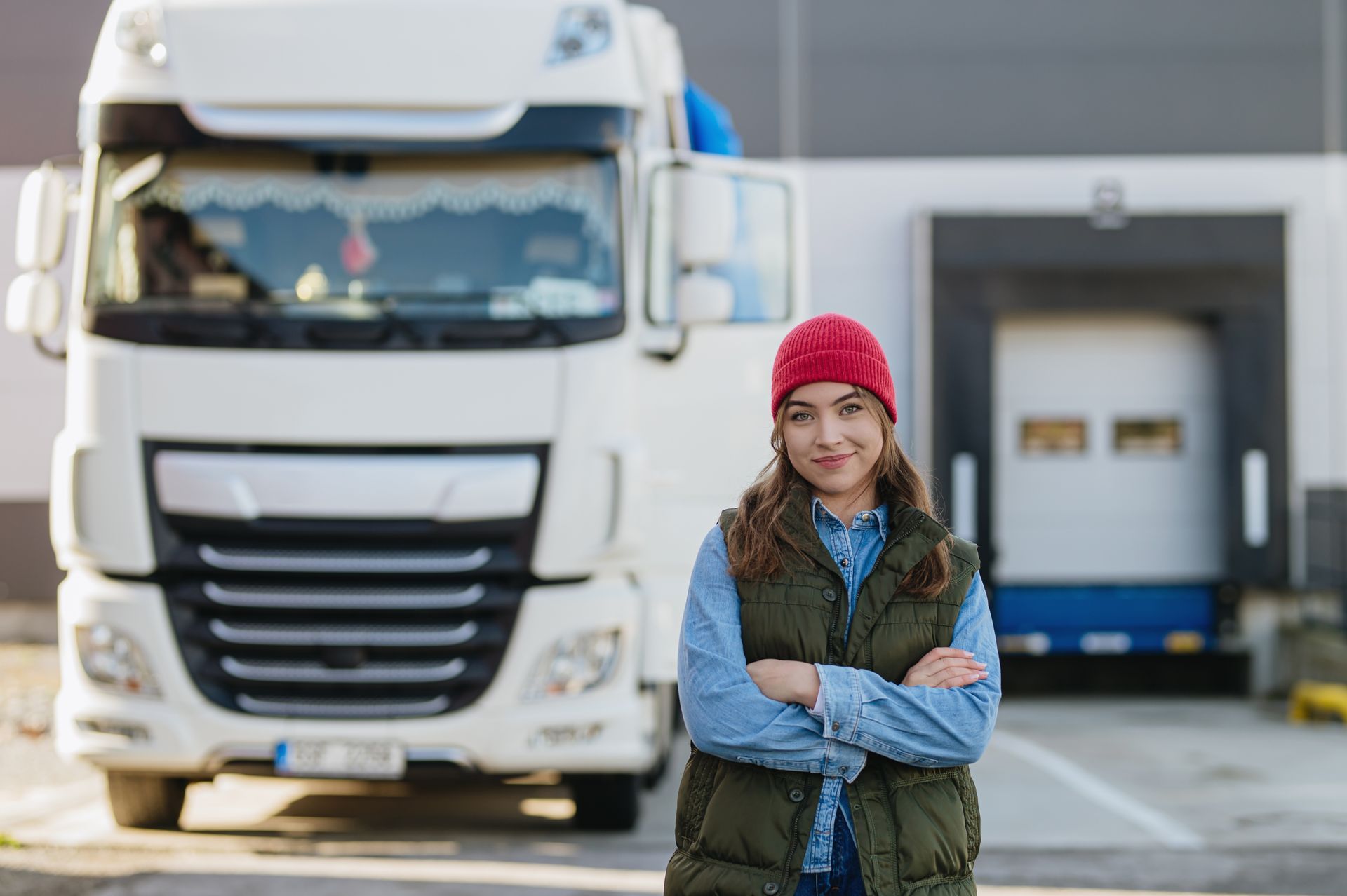 A woman in a red beanie stands with crossed arms in front of a white truck at a loading dock